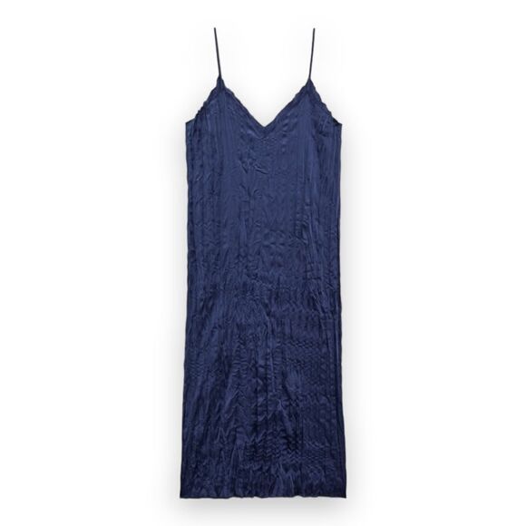Zara Wrinkled Satin Effect Slip Dress V-Neck Midi Navy Blue US S - Picture 5 of 7